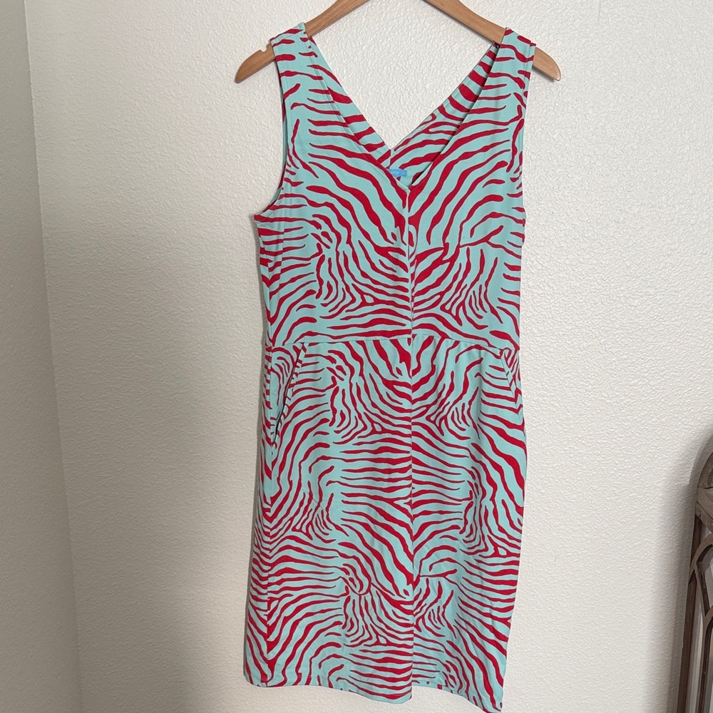 J. McLaughlin Mint and Red Zebra-Stripe Midi Dress